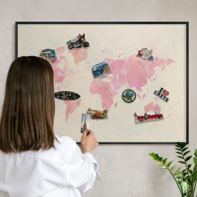 Tablero magnético impreso con marco en color negro Mapa del mundo