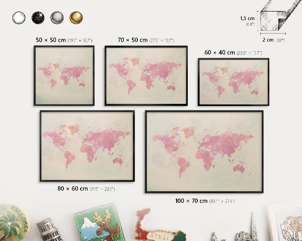 Tablero magnético impreso con marco en color negro Mapa del mundo