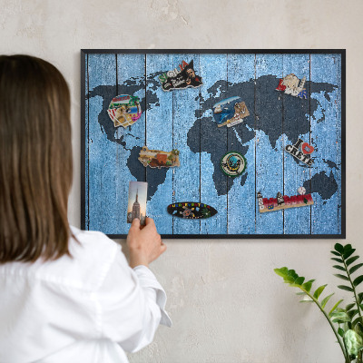 Tablero magnético impreso con marco en color negro Mapa del mundo