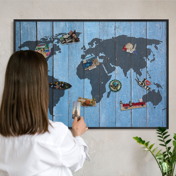 Tablero magnético impreso con marco en color negro Mapa del mundo