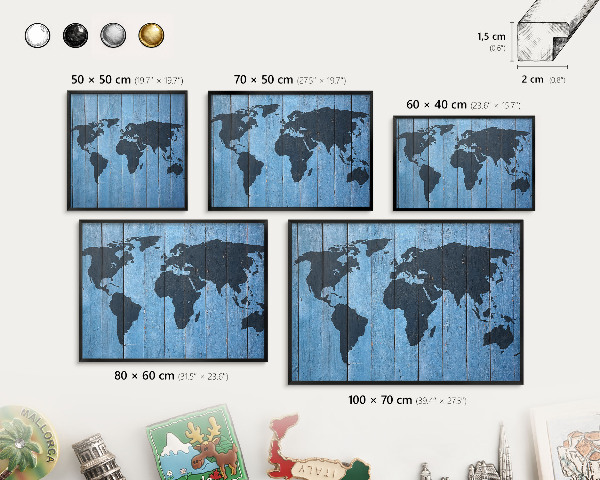 Tablero magnético impreso con marco en color negro Mapa del mundo