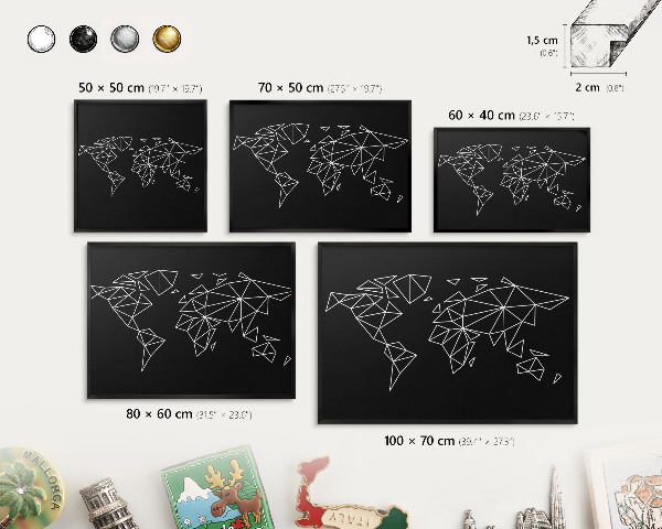 Tablero magnético impreso con marco en color negro Mapa del mundo