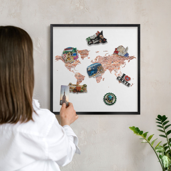 Pizarra magnética para colección de imanes con marco negro Mapa de ladrillos
