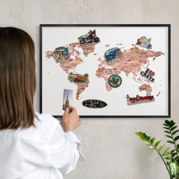 Pizarra magnética para colección de imanes con marco negro Mapa de ladrillos
