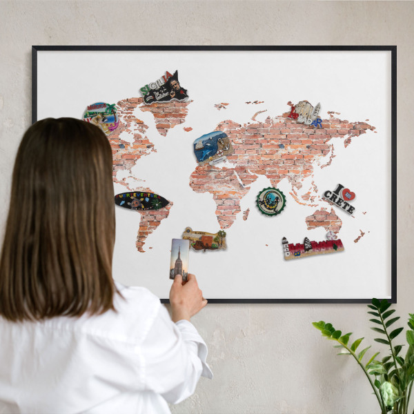 Pizarra magnética para colección de imanes con marco negro Mapa de ladrillos
