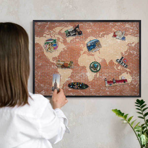 Pizarra magnética para colección de imanes con marco negro Mapa de ladrillos