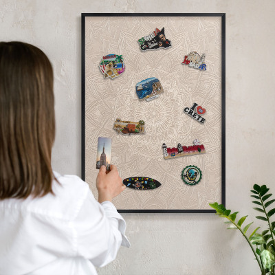 Pizarra magnética para colección de imanes con marco negro Mandala decorativo