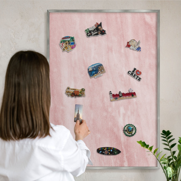 Pizarra magnética para souvenirs de viajes con marco plateado Textura rosa