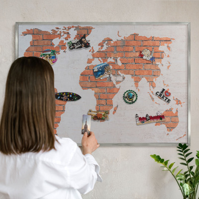 Pizarra para imanes de viajes en color plata Mapa de ladrillos