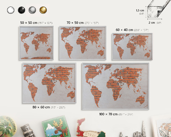 Pizarra para imanes de viajes en color plata Mapa de ladrillos