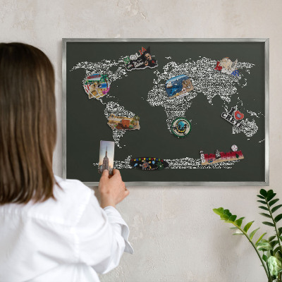 Pizarra para imanes de viajes en color plata Mapa de texto