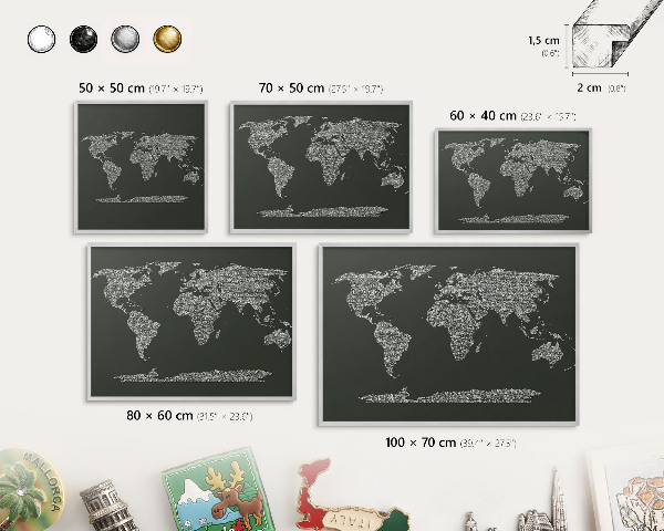 Pizarra para imanes de viajes en color plata Mapa de texto