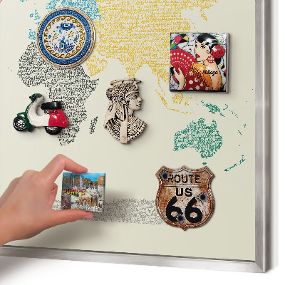 Pizarra magnética para souvenirs de viajes con marco plateado Mapa del mundo