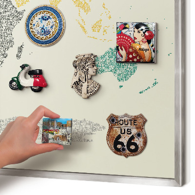 Pizarra magnética para souvenirs de viajes con marco plateado Mapa del mundo