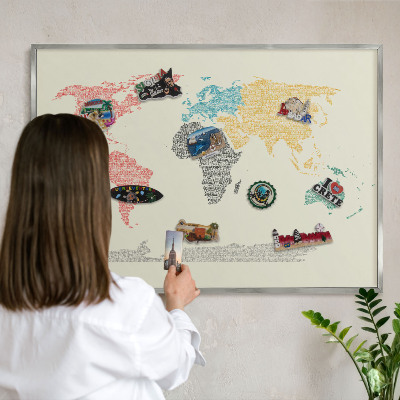 Pizarra magnética para souvenirs de viajes con marco plateado Mapa del mundo