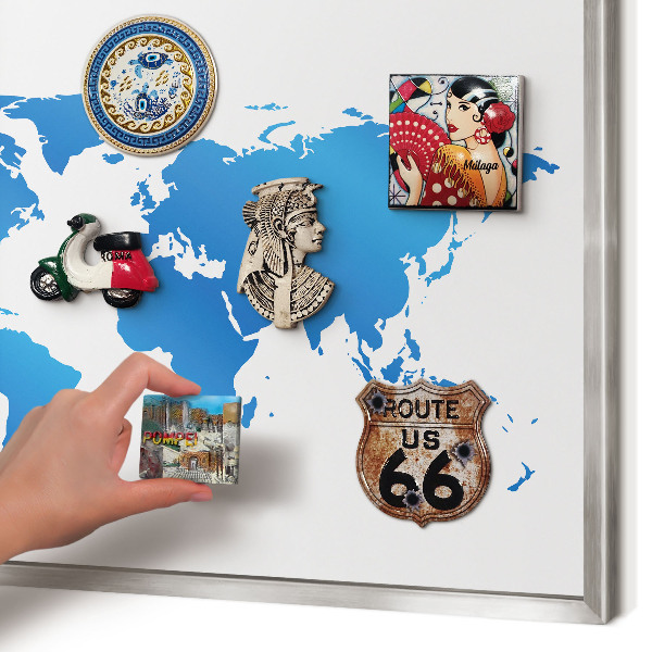 Pizarra magnética para souvenirs de viajes con marco plateado Mapa del mundo