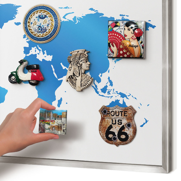 Pizarra magnética para souvenirs de viajes con marco plateado Mapa del mundo