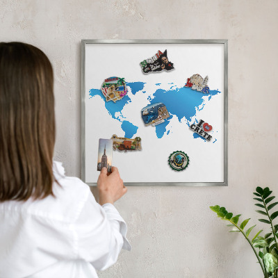 Pizarra magnética para souvenirs de viajes con marco plateado Mapa del mundo