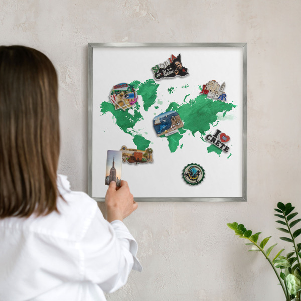 Pizarra para imanes de viajes en color plata Mapa verde