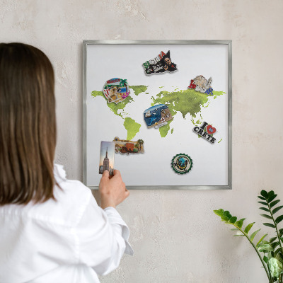 Pizarra magnética para souvenirs de viajes con marco plateado Mapa verde