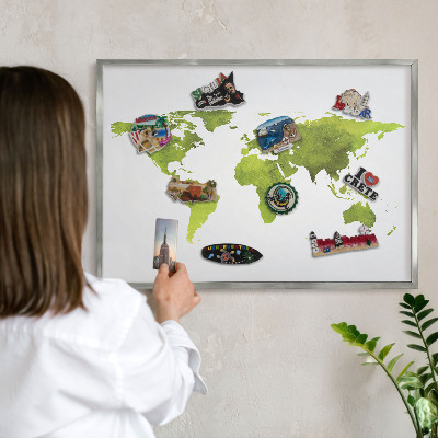 Pizarra magnética para souvenirs de viajes con marco plateado Mapa verde