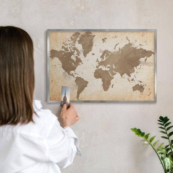 Pizarra para imanes de viajes en color plata Mapa del mundo