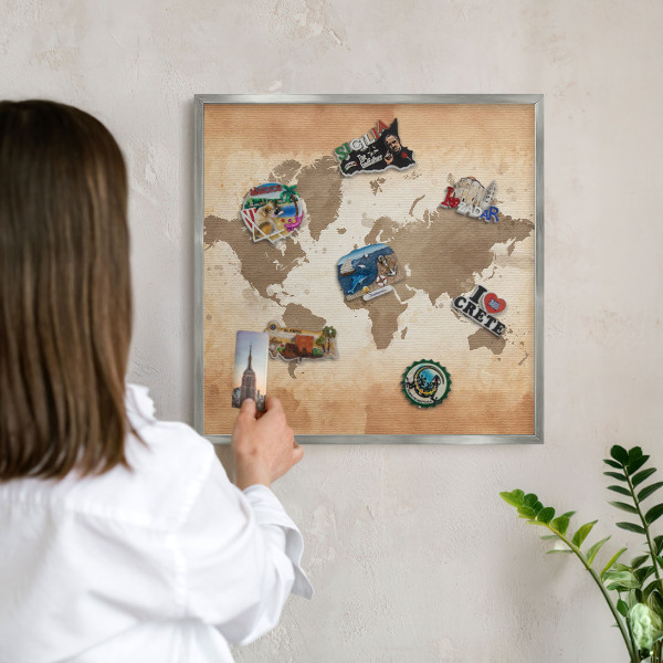 Pizarra para imanes de viajes en color plata Mapa del mundo