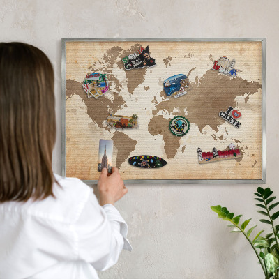 Pizarra para imanes de viajes en color plata Mapa del mundo