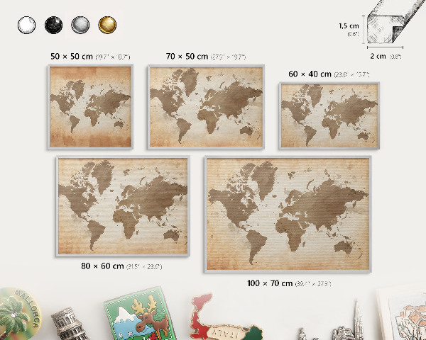 Pizarra para imanes de viajes en color plata Mapa del mundo
