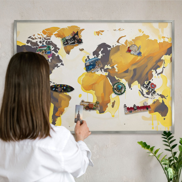 Pizarra para imanes de viajes en color plata Mapa del mundo