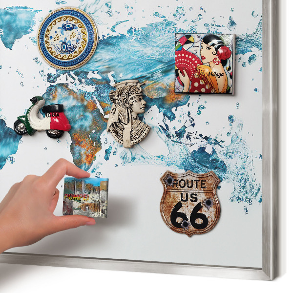 Pizarra magnética para souvenirs de viajes con marco plateado Mapa del agua