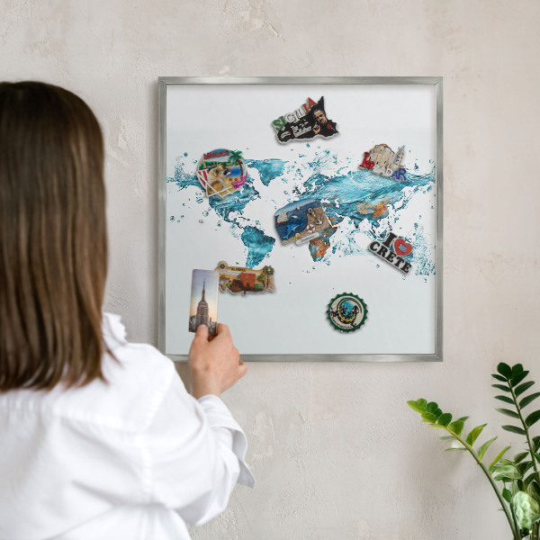 Pizarra magnética para souvenirs de viajes con marco plateado Mapa del agua