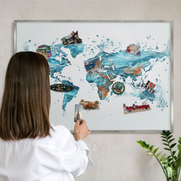 Pizarra magnética para souvenirs de viajes con marco plateado Mapa del agua