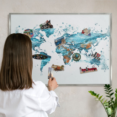 Pizarra magnética para souvenirs de viajes con marco plateado Mapa del agua