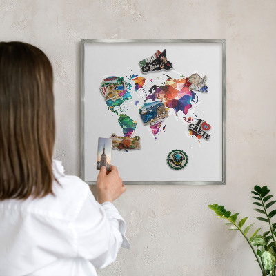 Pizarra magnética para souvenirs de viajes con marco plateado Mapa del mundo