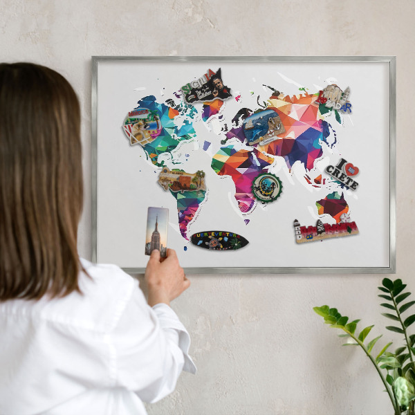 Pizarra magnética para souvenirs de viajes con marco plateado Mapa del mundo