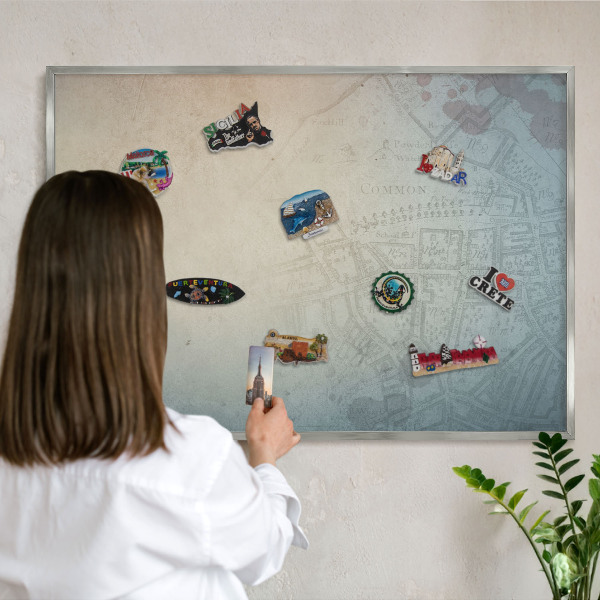 Pizarra magnética para souvenirs de viajes con marco plateado Mapa antiguo