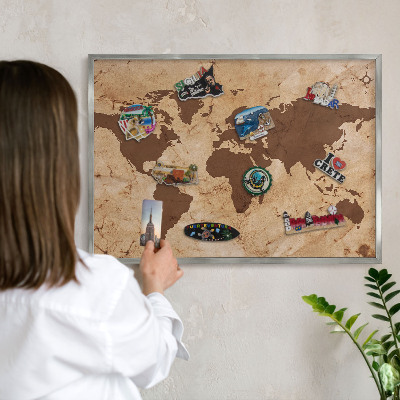 Pizarra para imanes de viajes en color plata Mapa del mundo