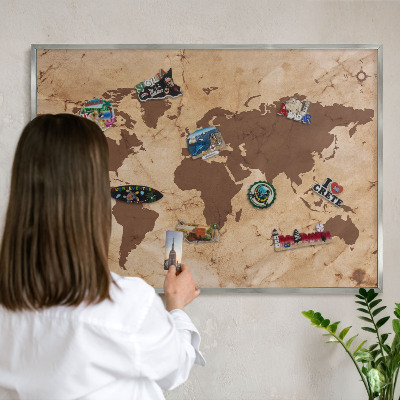 Pizarra para imanes de viajes en color plata Mapa del mundo