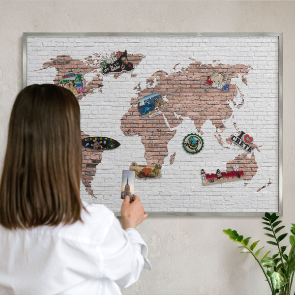 Pizarra magnética para souvenirs de viajes con marco plateado Mapa de ladrillos