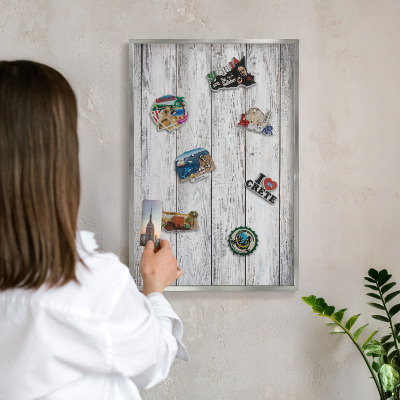 Pizarra para imanes de viajes en color plata Madera rústica