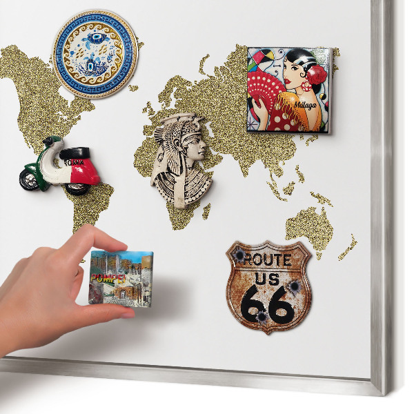 Pizarra magnética para souvenirs de viajes con marco plateado Mapa del mundo
