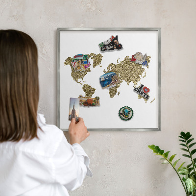 Pizarra magnética para souvenirs de viajes con marco plateado Mapa del mundo