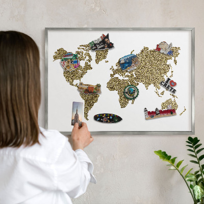 Pizarra magnética para souvenirs de viajes con marco plateado Mapa del mundo