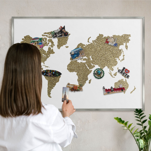 Pizarra magnética para souvenirs de viajes con marco plateado Mapa del mundo