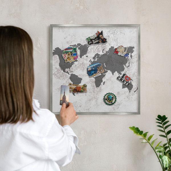 Pizarra para imanes de viajes en color plata Mapa del mundo