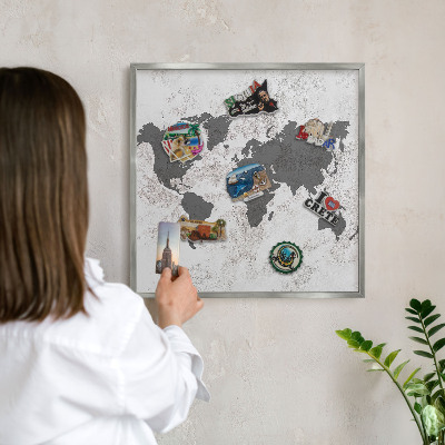Pizarra para imanes de viajes en color plata Mapa del mundo