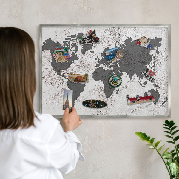 Pizarra para imanes de viajes en color plata Mapa del mundo