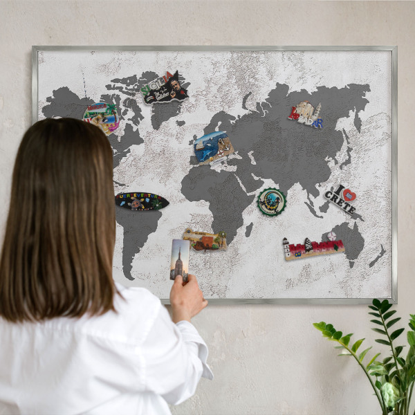 Pizarra para imanes de viajes en color plata Mapa del mundo