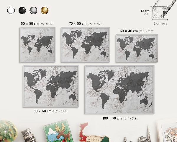 Pizarra para imanes de viajes en color plata Mapa del mundo